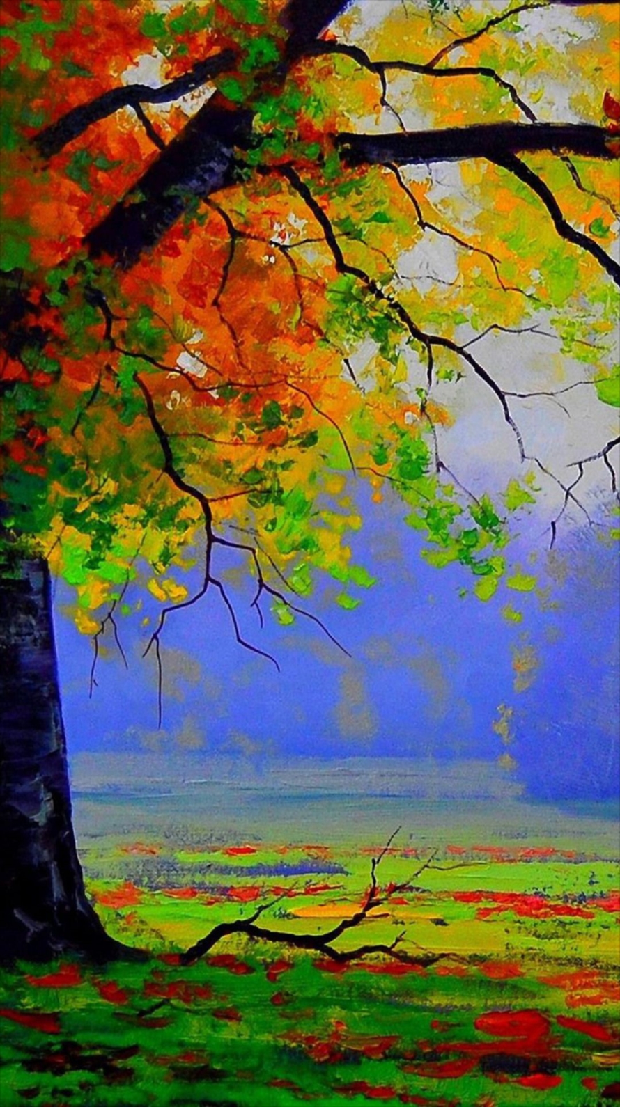 秋の大木のイラスト 絵画 Iphone6壁紙 Wallpaperbox