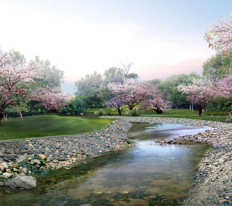 桜咲く川沿い Androidスマホ壁紙